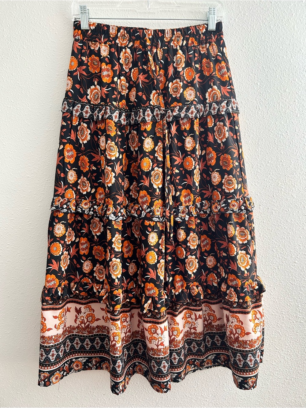 Alice Blue Black Floral Tiered Maxi Skirt with Orange Accents